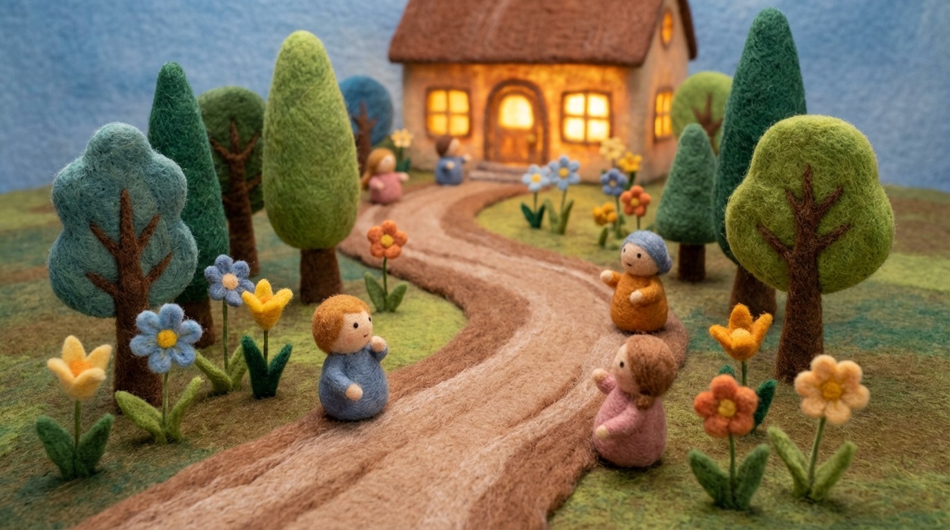 A visual metaphor depicting a gentle, inviting path leading towards a warm, well-lit building. Small, stylized figures representing potential customers are walking along this path, drawn by curiosity and the promise of helpful information. The path is lined with trees and flowers, symbolizing valuable content. The overall mood is welcoming and reassuring. The color palette is soft and natural, with greens, blues, and warm earth tones.