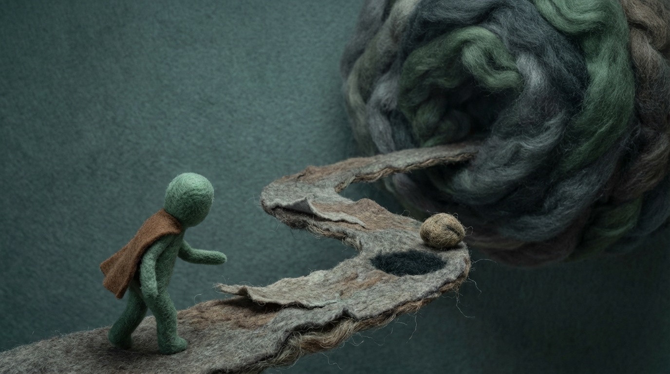 A winding, rocky, and somewhat treacherous path leading into a dense, swirling fog or dark cloud. Various abstract, subtle "traps" such as crumbling sections of the path, barely visible pitfalls, and unstable ground are hinted at along the way. A solitary, abstract figure is cautiously approaching the path, seemingly unaware of the hidden dangers. The mood is ominous, cautionary, and uncertain. A muted, slightly desaturated color palette with dark greys, deep greens, and hints of brown, suggesting hidden perils and lack of clarity.