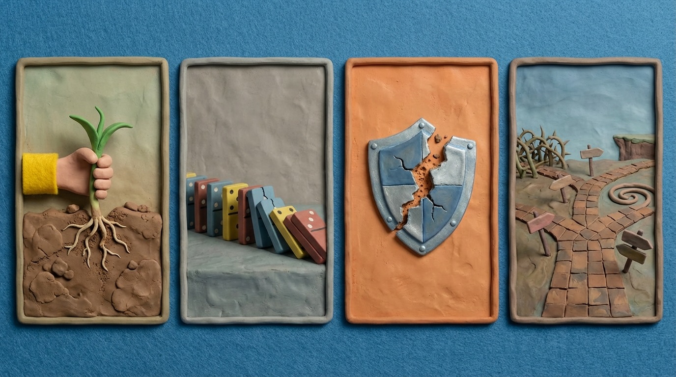 A sequence of four small, distinct panels arranged horizontally. The first panel shows a small plant being prematurely pulled from the soil, its roots underdeveloped. The second shows a domino effect, where one incorrect piece causes a chain reaction of falling dominoes. The third shows a broken trust icon (like a cracked shield). The fourth shows a path diverging into multiple confusing, poorly marked directions. Each panel uses a slightly desaturated, cautionary color palette, emphasizing the negative consequences of rushing or making errors in testing.