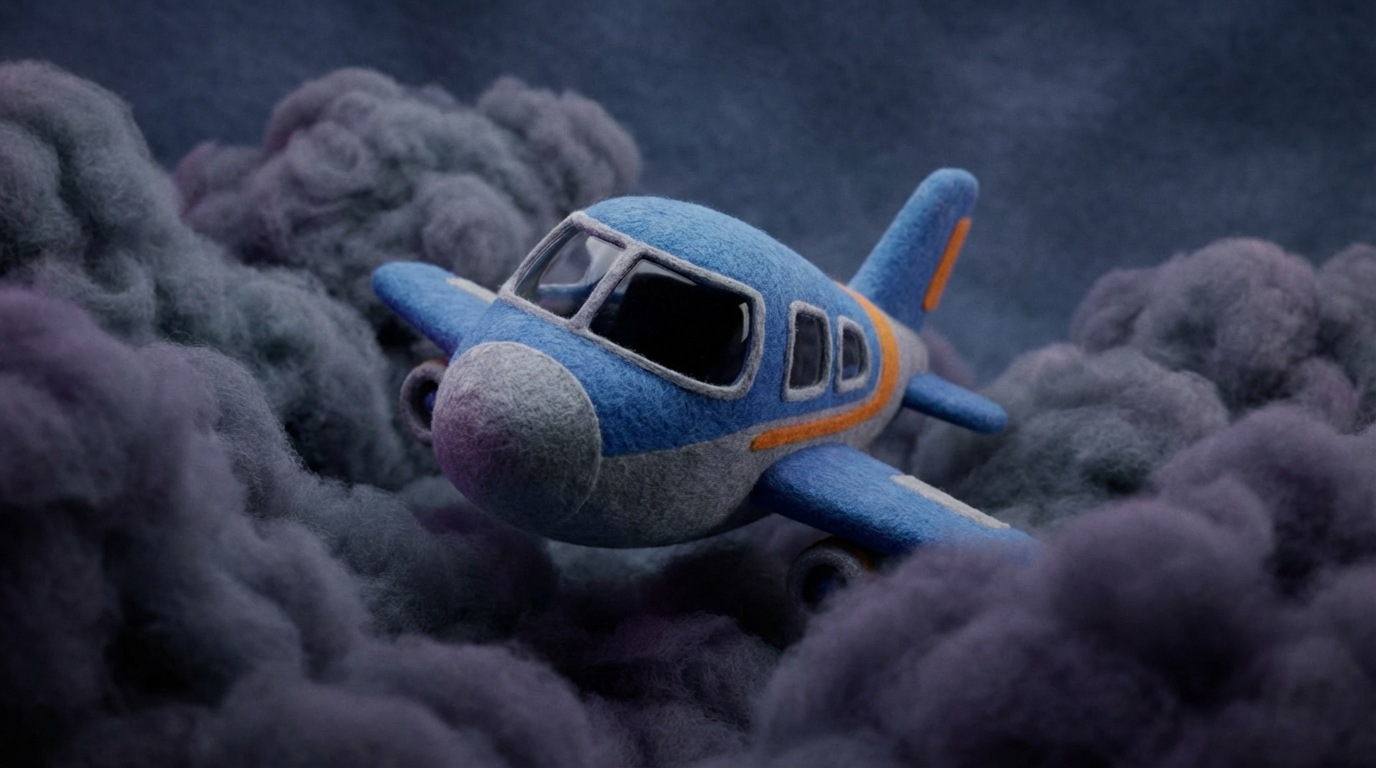 A stylized airplane flying through a dense, swirling cloud of dark grey and purple mist. The cockpit interior is visible, but the instrument panel is completely dark and blank. The airplane appears to be slightly off-course, its trajectory uncertain. The overall mood is tense and uncertain, with a strong contrast between the dark, enveloping clouds and the small, vulnerable aircraft. Viewed from a slightly below, dynamic angle, emphasizing the struggle.