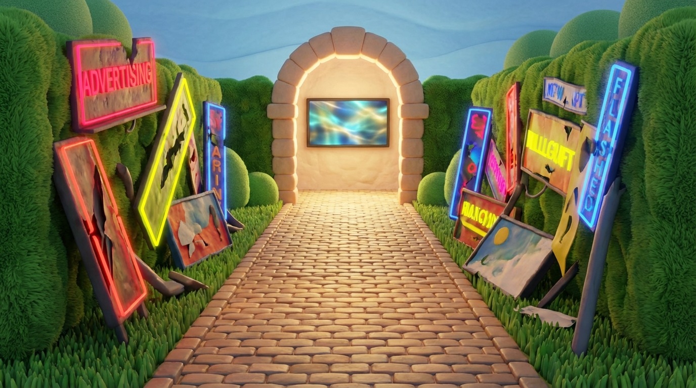 A serene, well-maintained garden path leading to a glowing, inviting archway that frames a video screen displaying helpful content. On either side of the path, tall, vibrant hedges are cluttered with discarded, noisy billboards and flashing banners, representing aggressive advertising. The garden path is clean and well-lit, drawing the viewer's eye towards the valuable content. The mood is calm and focused, with green and earthy tones for the garden, contrasting with the harsh, chaotic colors of the billboards. Elevated perspective looking down the path.