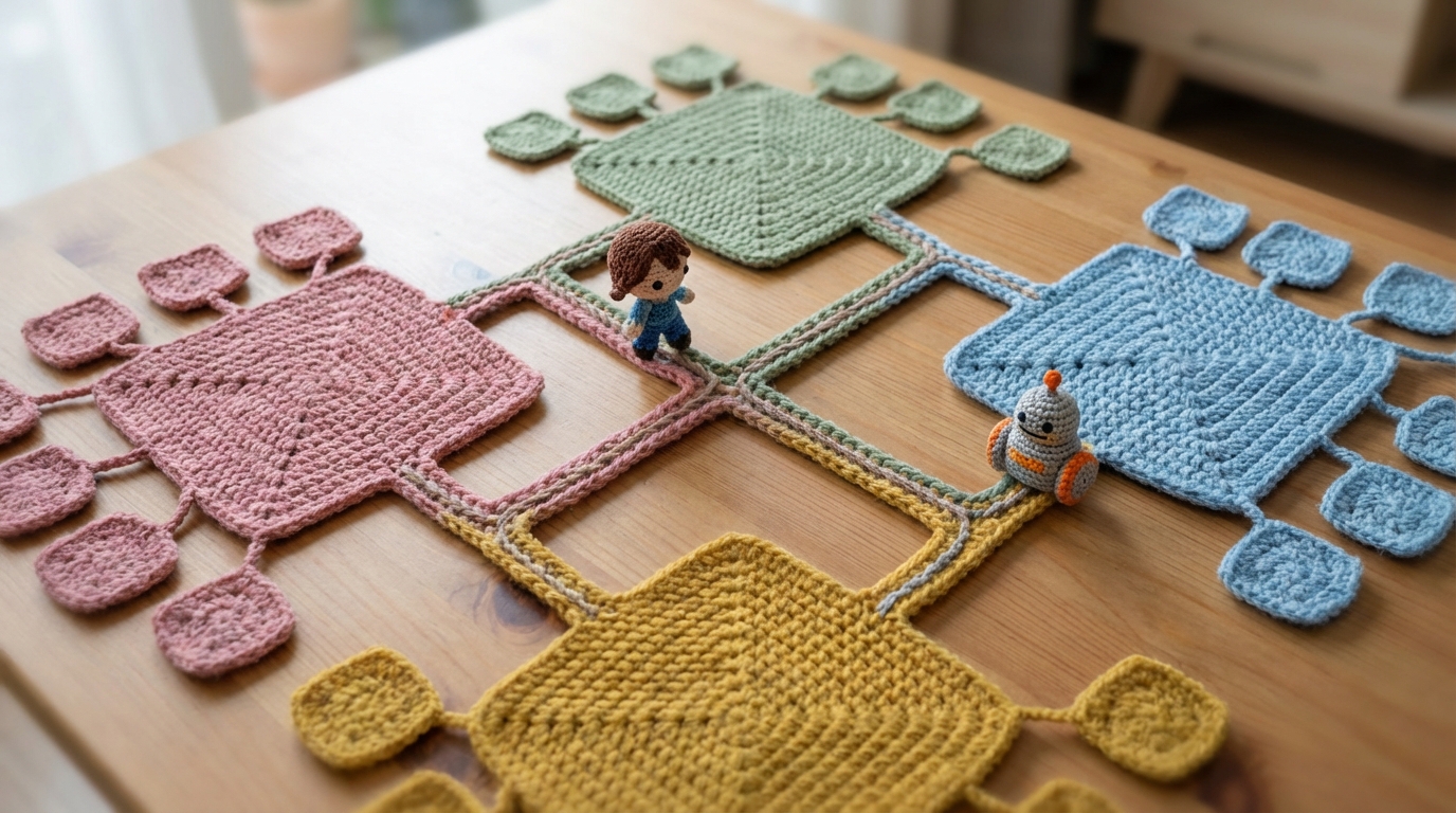 A clear, multi-level map of a website, resembling a well-organized city plan. Main sections are represented by larger squares, with smaller streets and paths (internal links) connecting to individual pages. A small, stylized person icon and a small robot icon are both easily navigating the map, following clear paths. The map has distinct, color-coded sections. Clear, logical, and easy-to-understand layout.