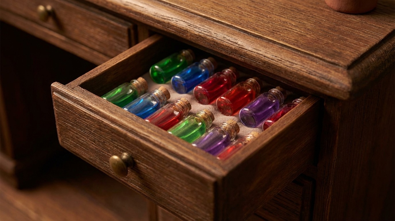 A close-up view of an open, antique-style wooden desk drawer, slightly ajar. Inside, instead of traditional office supplies, are neatly arranged small, colorful glass vials, each filled with a different vibrant liquid – emerald green, sapphire blue, ruby red, and amethyst purple. Some vials are full, others half-empty, suggesting a collection or inventory. The lighting is soft and warm, creating a slightly mysterious, curated atmosphere. The drawer itself shows signs of age, with a rich, dark wood grain.