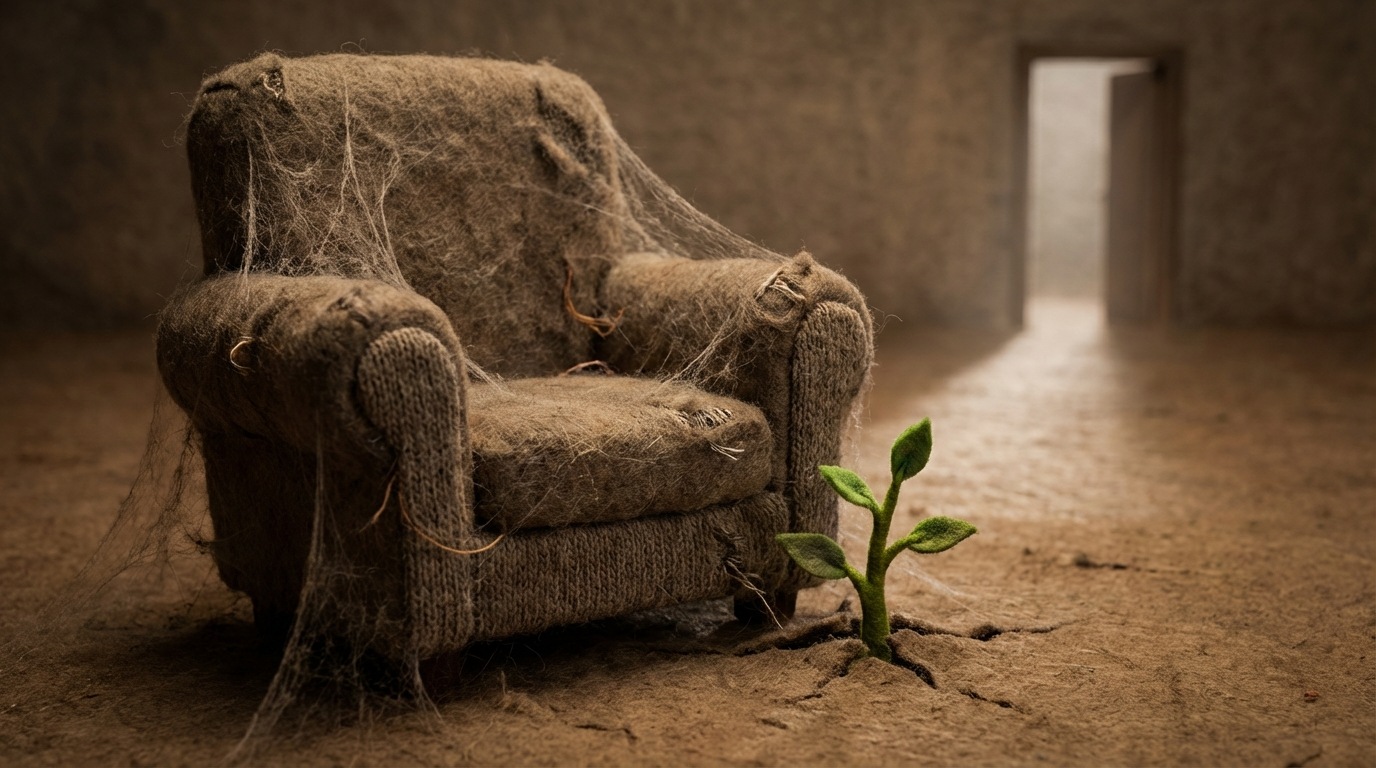 A large, comfortable, but slightly worn armchair firmly rooted in place, surrounded by cobwebs and dust, symbolizing the status quo. A small, vibrant sapling (representing a new solution) is trying to grow nearby but is overshadowed by the large armchair. The background shows a path leading away from the armchair into a brighter, more open space, but the immediate focus is on the resistance to change. Muted, earthy tones for the armchair, bright greens for the sapling.
