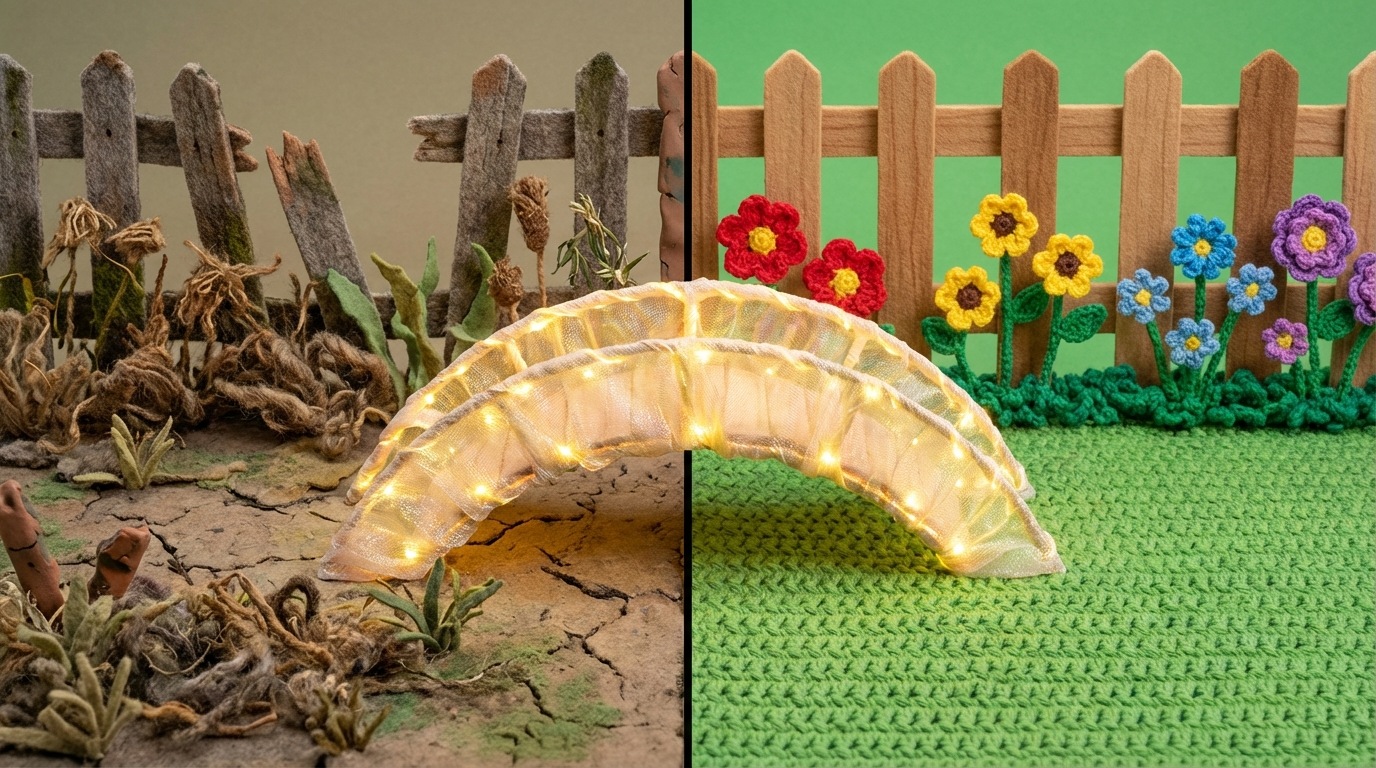 A split image, vertically divided. The left side ("Before") depicts a dull, overgrown, and neglected garden with broken fence posts and dry, brown plants. The right side ("After") shows the same garden transformed into a vibrant, well-maintained space with colorful flowers, lush green lawn, and a perfectly repaired fence. In the middle, a glowing, arching bridge connects the "Before" and "After" scenes, symbolizing the product/service. The colors on the left are muted and earthy, while the right side bursts with lively greens and bright floral hues.