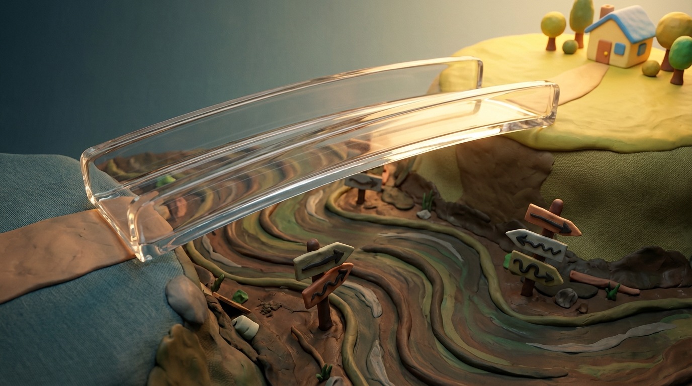 A clear, transparent glass bridge spanning a small, calm chasm, leading to a clearly visible destination on the other side. Below the bridge, a murky, winding river with several confusing, half-submerged signs pointing in different directions. The bridge is well-lit and inviting. The river below is dark and confusing. A serene and straightforward atmosphere on the bridge, contrasting with the chaotic ambiguity below. Elevated, slightly distant view.