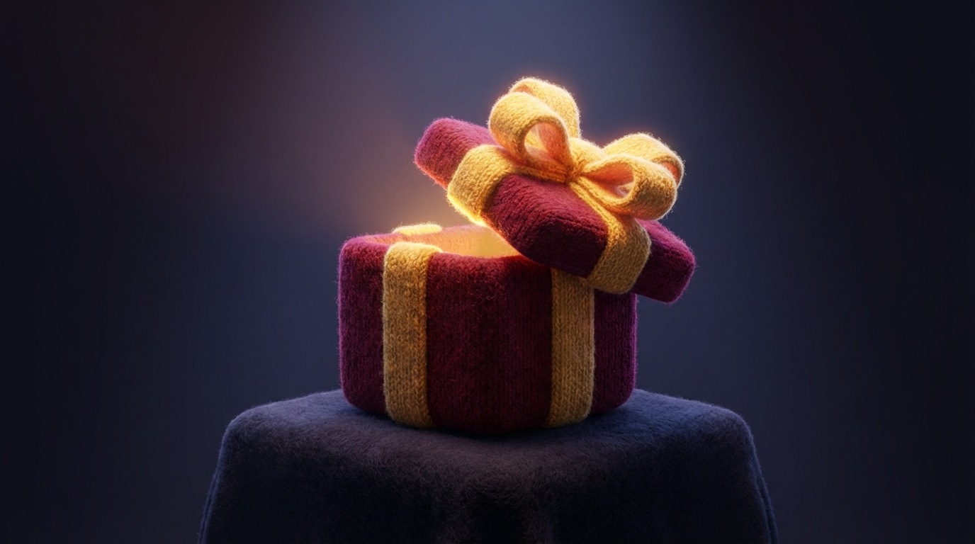 A beautifully wrapped gift box with a glowing ribbon, placed on a pedestal in a spotlight. The box is slightly ajar, revealing a soft, inviting light emanating from within, symbolizing an irresistible offer. The background is dark and simple, drawing all attention to the glowing gift. The color palette features rich, inviting colors like deep reds and golds, against a muted background.