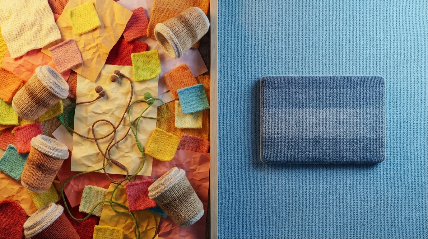 A split composition, divided by a subtle vertical line. The left side depicts a cluttered desk piled high with scattered papers, multiple colorful sticky notes, tangled earbuds, and several empty coffee cups, conveying a sense of chaos. The right side shows the same desk, but it is meticulously clean, holding only a single, closed laptop in the center. The contrast between the messy and orderly states is pronounced. The view is from directly above. Cool blue tones dominate the clean side, while warm, vibrant colors fill the cluttered side.