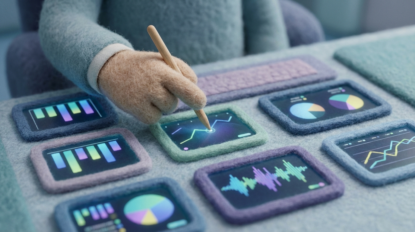 A close-up, slightly overhead view of a desk covered with various small screens, each displaying different metrics: sales charts, website traffic numbers, customer feedback snippets. A hand with a stylus is pointing at a specific, small detail on one screen, indicating intense focus on micro-optimization. The background is blurred, emphasizing the detailed, almost microscopic view. Cool, digital color palette with subtle glowing screens.