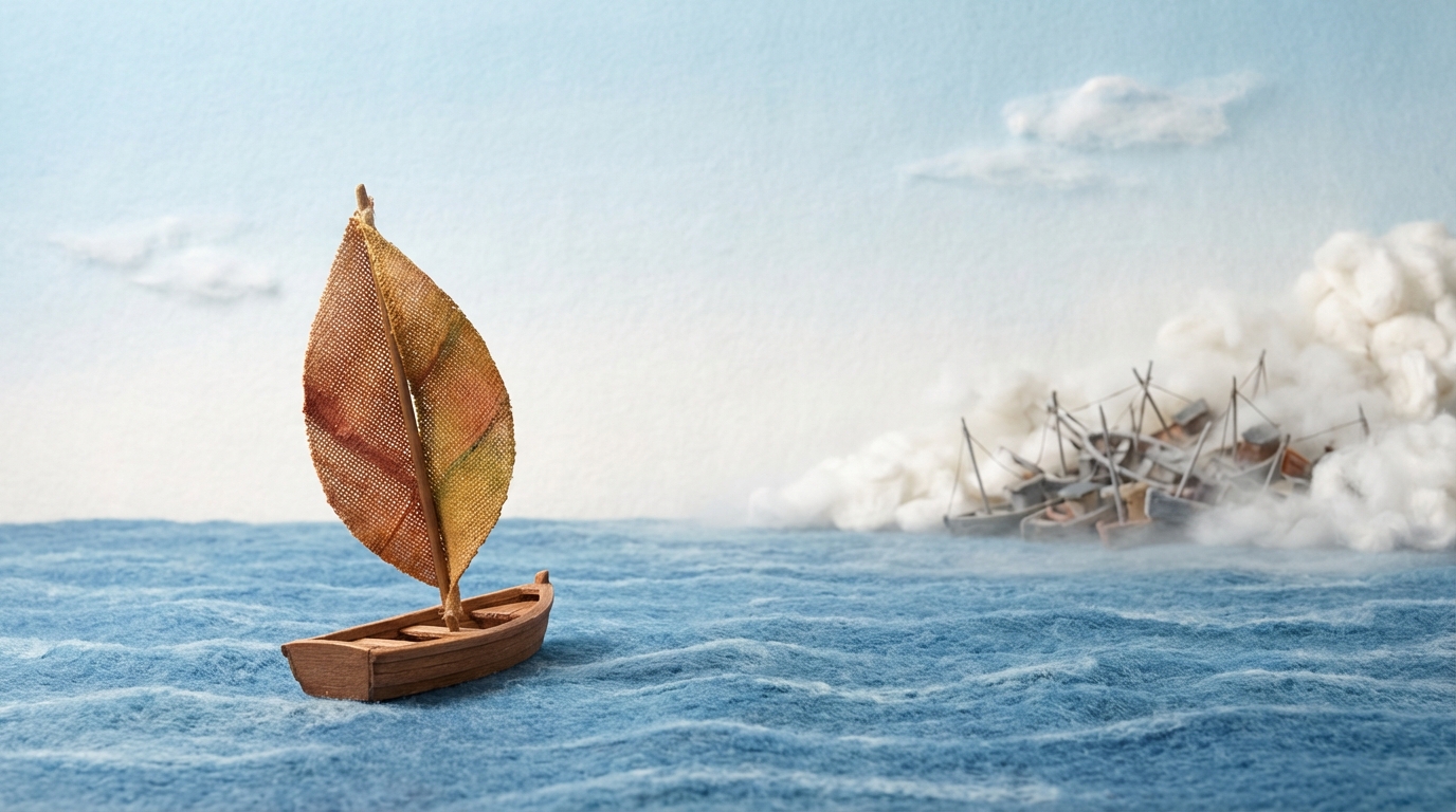 A small, solitary boat with a distinctive, uniquely shaped sail, sailing confidently on a vast, calm, open sea under a clear, expansive sky. Its sail is full, catching a gentle but consistent wind, propelling it forward with purpose. In the far distance, many other boats are visible, clustered together in a chaotic, foggy area, struggling to find direction. The boat in the foreground represents a business with a strong value proposition, navigating with clarity and purpose. The mood is serene yet purposeful. Blue and white tones for the sea and sky, with a contrasting warm, earthy color for the boat's sail.