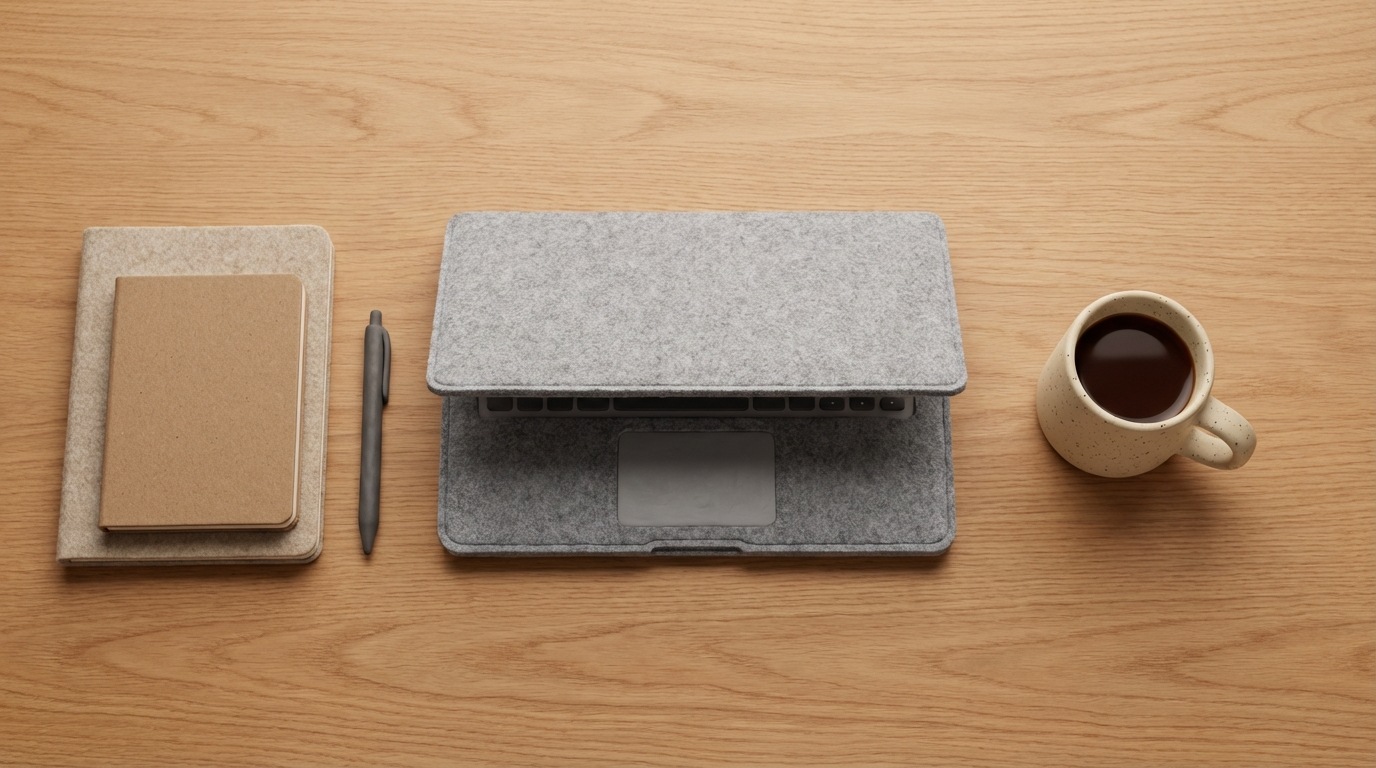 A clean, organized desk viewed from above. A laptop is centered, with notebooks and a pen to the left, and a coffee mug to the right. The composition is minimalist and focused. The color palette is neutral, featuring wood tones and grayscale accents.