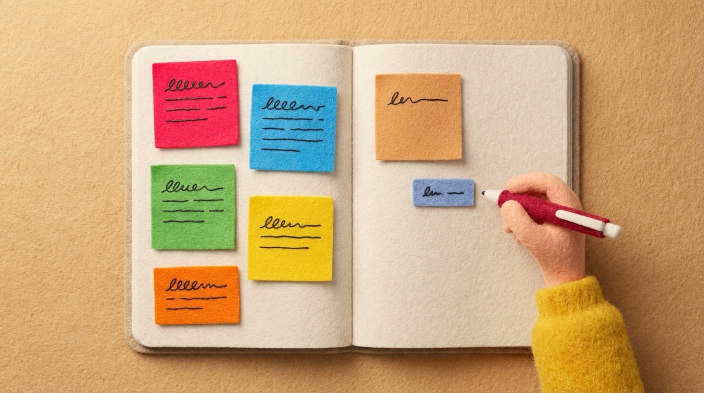 A stylized, open digital notebook with several distinct, colorful handwritten notes (representing positive customer reviews) neatly arranged on one page. On the facing page, a single, less enthusiastic note is visible, with a small, constructive reply written beneath it. A hand holds a pen, poised to write more. Bright, encouraging color palette. Overhead view.