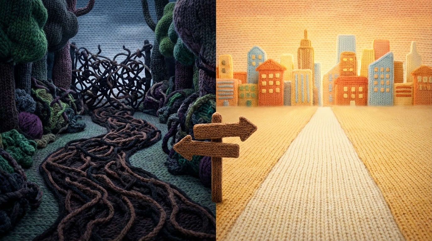 A split image showing two distinct paths. On the left, a winding, dark, and overgrown path leads to a dead end, representing a product launch without market analysis. On the right, a clear, brightly lit path stretches towards a distant, inviting cityscape, symbolizing a successful launch guided by insights. A stylized signpost at the fork points to both paths. The mood on the left is uncertain, while on the right it is hopeful and clear.