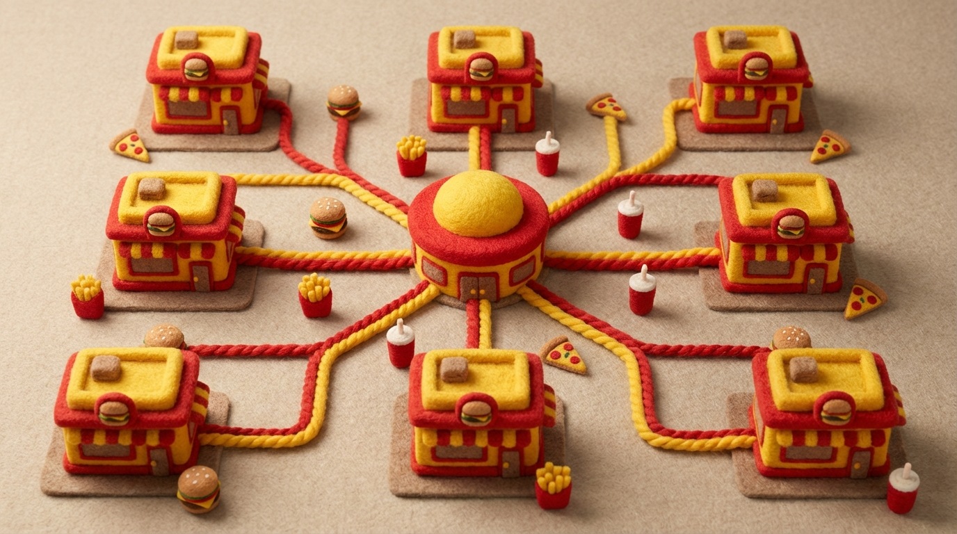 A stylized depiction of multiple identical fast-food restaurant buildings arranged in a grid, symbolizing standardization and widespread presence. Lines connect these buildings to a central hub, representing the franchise system and operational control. Small icons of food items are distributed throughout. The mood is one of efficiency and global reach. The color palette uses bright, familiar colors associated with the brand, like red and yellow, against a neutral background.