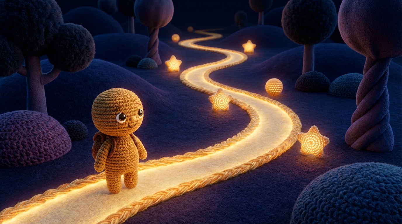 A winding, illuminated path through a dark, slightly overgrown landscape. Several small, glowing markers are placed along the path, indicating successful previous footsteps. In the foreground, a figure stands at the beginning of the path, looking towards the illuminated route. The mood is hopeful and strategic. Dominant colors are deep blues and purples for the background, with bright golden light for the path and markers.