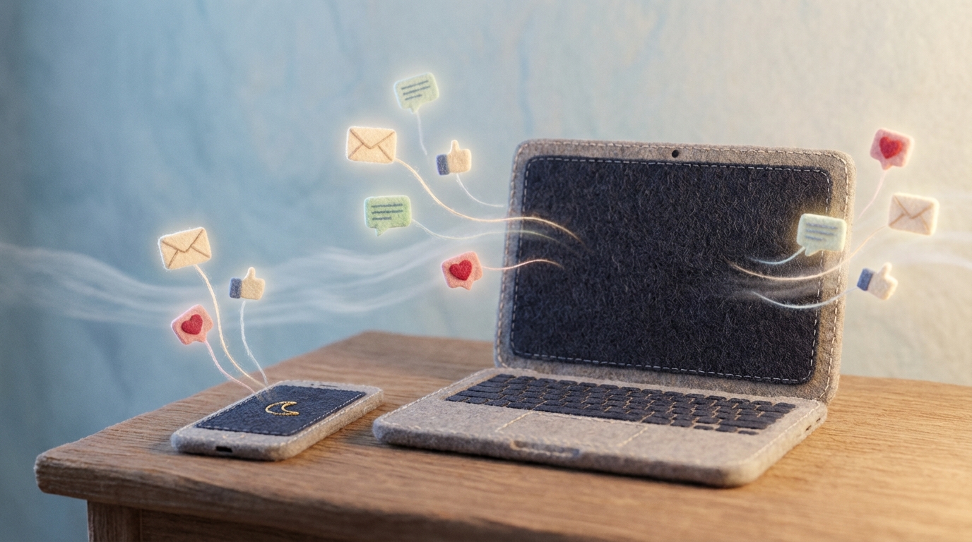 A minimalist desk scene featuring a smartphone and a laptop, both with their screens turned off or displaying a calm, minimalist background. A subtle 