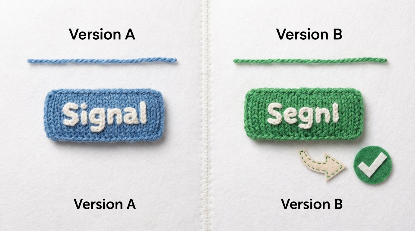 A split screen showing two versions of a simple landing page. The left side (Version A) has a blue button with the text "Learn More". The right side (Version B) has a green button with the text "Get a Free Quote". Both pages have the same background and headline, highlighting the single variable being tested. A subtle arrow points from Version B to a positive outcome icon (e.g., a checkmark), suggesting it performed better. The colors are clean and distinct, with a clear separation between the two test variants.