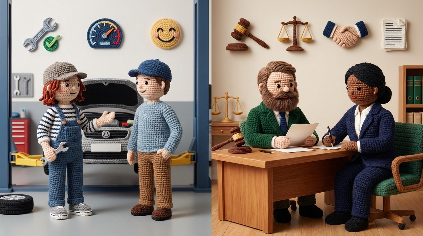 A split screen showing two distinct small business scenarios. On the left, a clean, modern auto repair bay with a friendly mechanic interacting with a customer. On the right, a professional office setting with lawyers discussing a case. Each scenario has a small, stylized representation of OKRs relevant to that business.