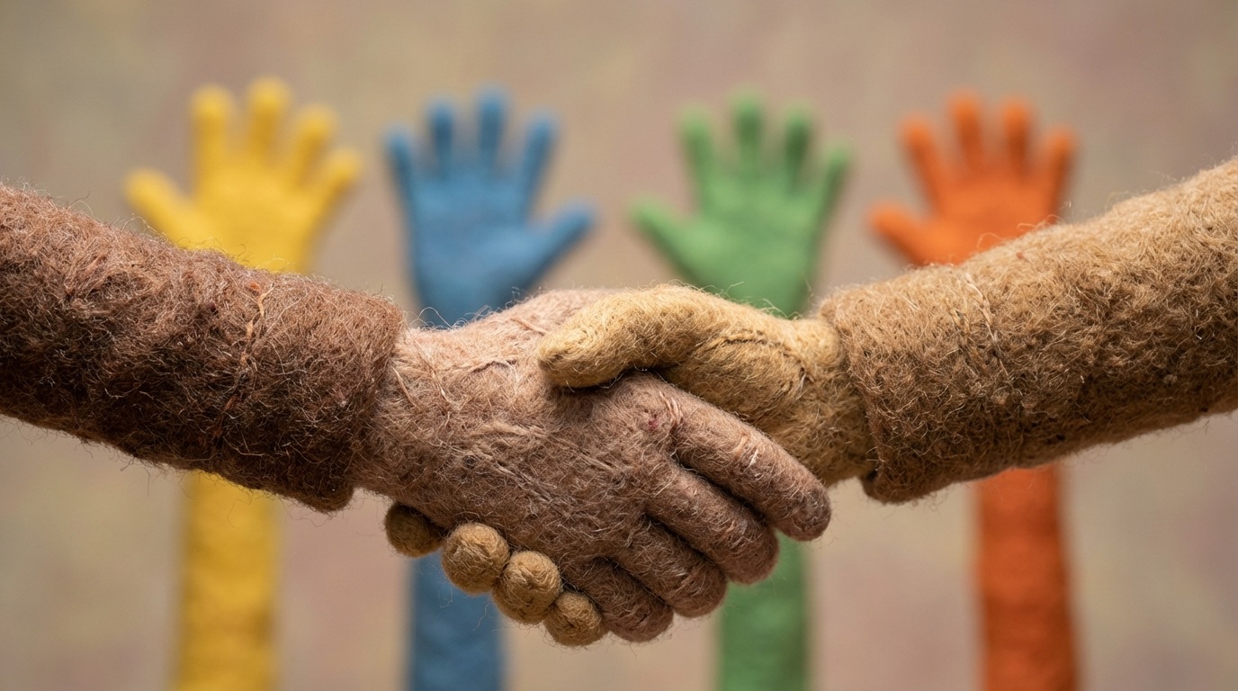 Two hands shaking firmly in the foreground, representing an established and long-standing partnership. The hands are slightly worn, suggesting longevity but also a potential for stagnation or routine. In the blurred background, a row of other, more modern and vibrant hands are gently waving or reaching out, offering alternative connections and new opportunities, but they are out of focus and clearly being ignored by the foreground action. The mood is steadfast but potentially short-sighted, highlighting a reluctance to explore new options. Warm, earthy tones for the foreground, contrasting with brighter, more dynamic colors for the blurred background, symbolizing missed opportunities.