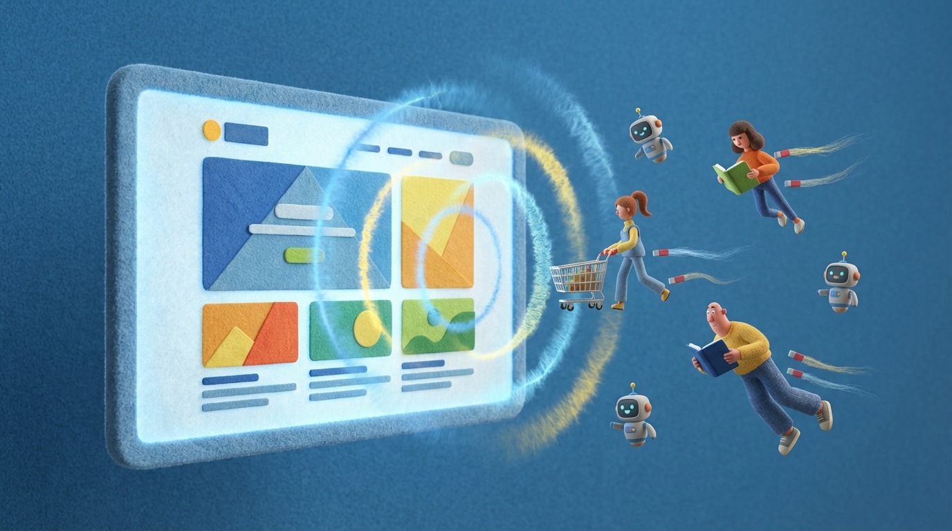 A vibrant, well-structured website homepage displayed on a large screen, emitting a gentle, magnetic aura. Small, stylized icons representing diverse users (e.g., a person with a shopping cart, a person reading) and tiny robot icons are being subtly pulled towards the screen. The overall composition emphasizes attraction and engagement. The website content is clean and inviting, with clear sections. The color palette is bright and positive, suggesting success.