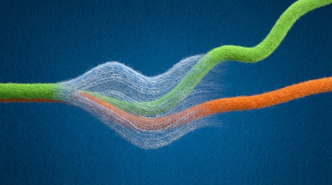 A stylized graph with two lines representing test variants, initially close together, then diverging. One line clearly rises above the other, but a translucent, wavy overlay covers the initial divergence, signifying statistical noise. As the lines separate further, the overlay dissipates, revealing a clear, confident gap between them. The background is a deep blue, with the lines in contrasting bright green and orange, symbolizing clarity emerging from uncertainty. The mood is precise and analytical.