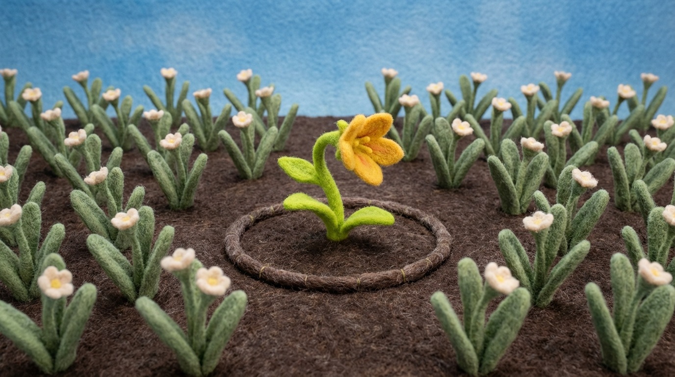 A vibrant, unique plant growing in a small, distinct patch of soil, surrounded by a field of uniform, identical plants. The unique plant has a slightly different color palette, maybe a brighter green or a distinct flower, making it stand out. The ground around it is well-tended, suggesting care and cultivation. The perspective is eye-level, focusing on the contrast. Soft, natural light.
