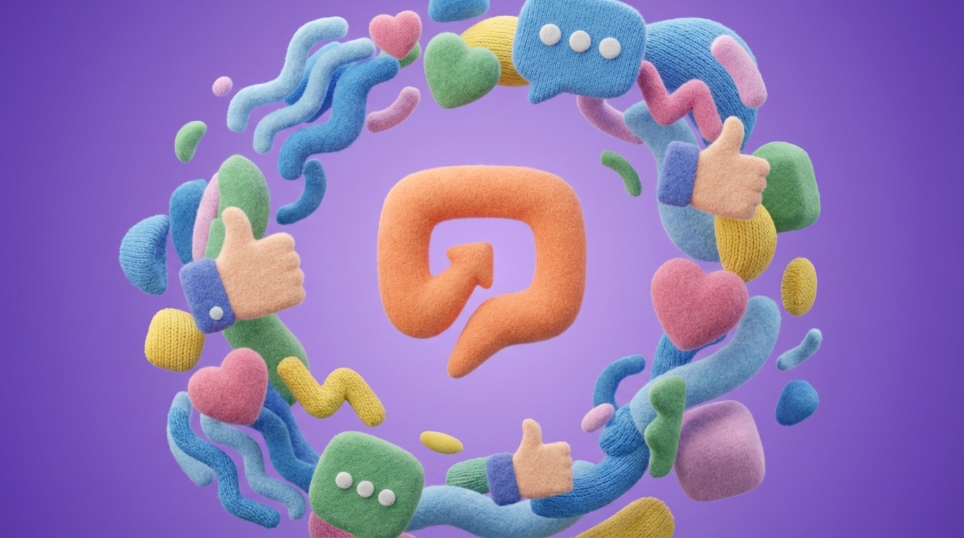 A stylized, abstract brand logo or name is positioned at the center of a dynamic, swirling cloud of various text fragments, social media icons, and abstract conversation bubbles. The elements in the cloud are not directly linked to the central logo but are clearly referencing it, indicating widespread discussion and mentions across the internet. The background is a soft, gradient purple, conveying a sense of pervasive presence and buzz.