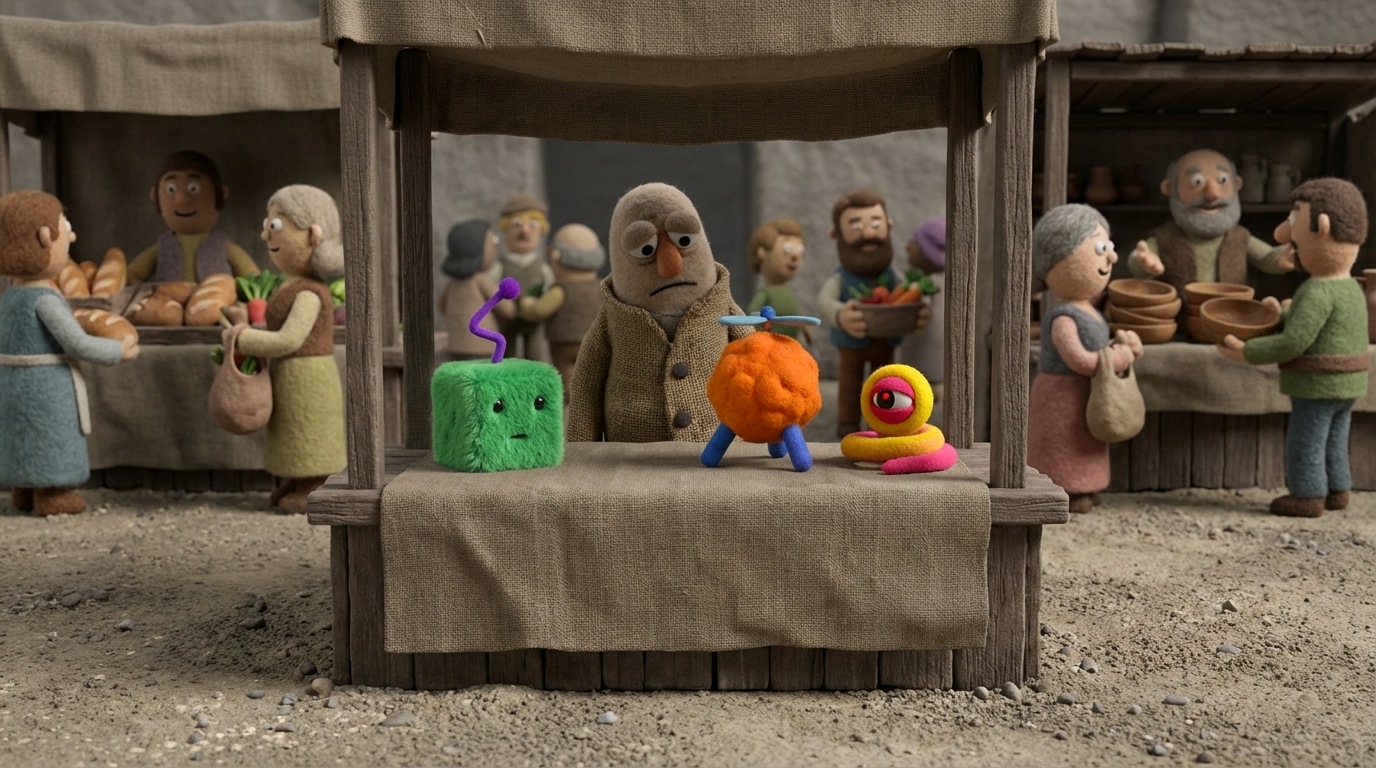 A barren marketplace stall displaying an array of peculiar, brightly colored gadgets that no one is examining. In the background, a crowd of people are actively engaging with and purchasing simpler, more practical items from other stalls. The scene is lit with a neutral, slightly dim light, and the color palette is muted except for the strange products, emphasizing their lack of appeal and market relevance.