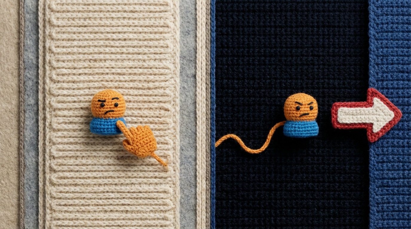 A split screen showing a user's frustrated journey on a website. On the left, a long block of text with no discernible buttons or links. A small, abstract user icon is shown scrolling aimlessly. On the right, the user icon is leaving the page, indicated by an exit arrow. The composition highlights confusion and abandonment. Muted, dull colors on the left, turning to dark, empty space on the right.