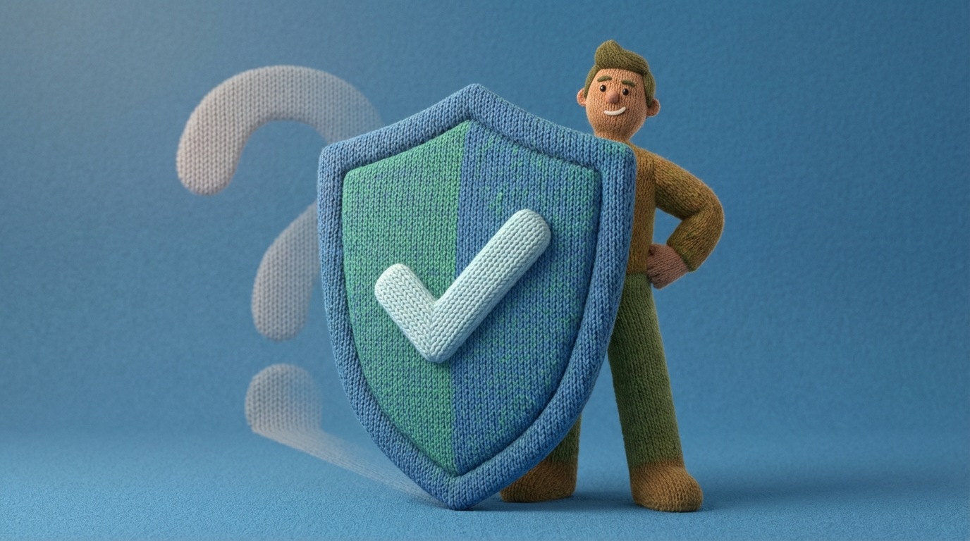 A sturdy, stylized shield with a prominent checkmark or a lock icon in its center, symbolizing protection and assurance. The shield is positioned in front of a hesitant figure, who is now looking more confident. Behind the shield, a faint outline of a question mark is receding, indicating doubts being dispelled. The color palette is reassuring, perhaps blues and greens, conveying reliability and trust. The composition emphasizes security and peace of mind.