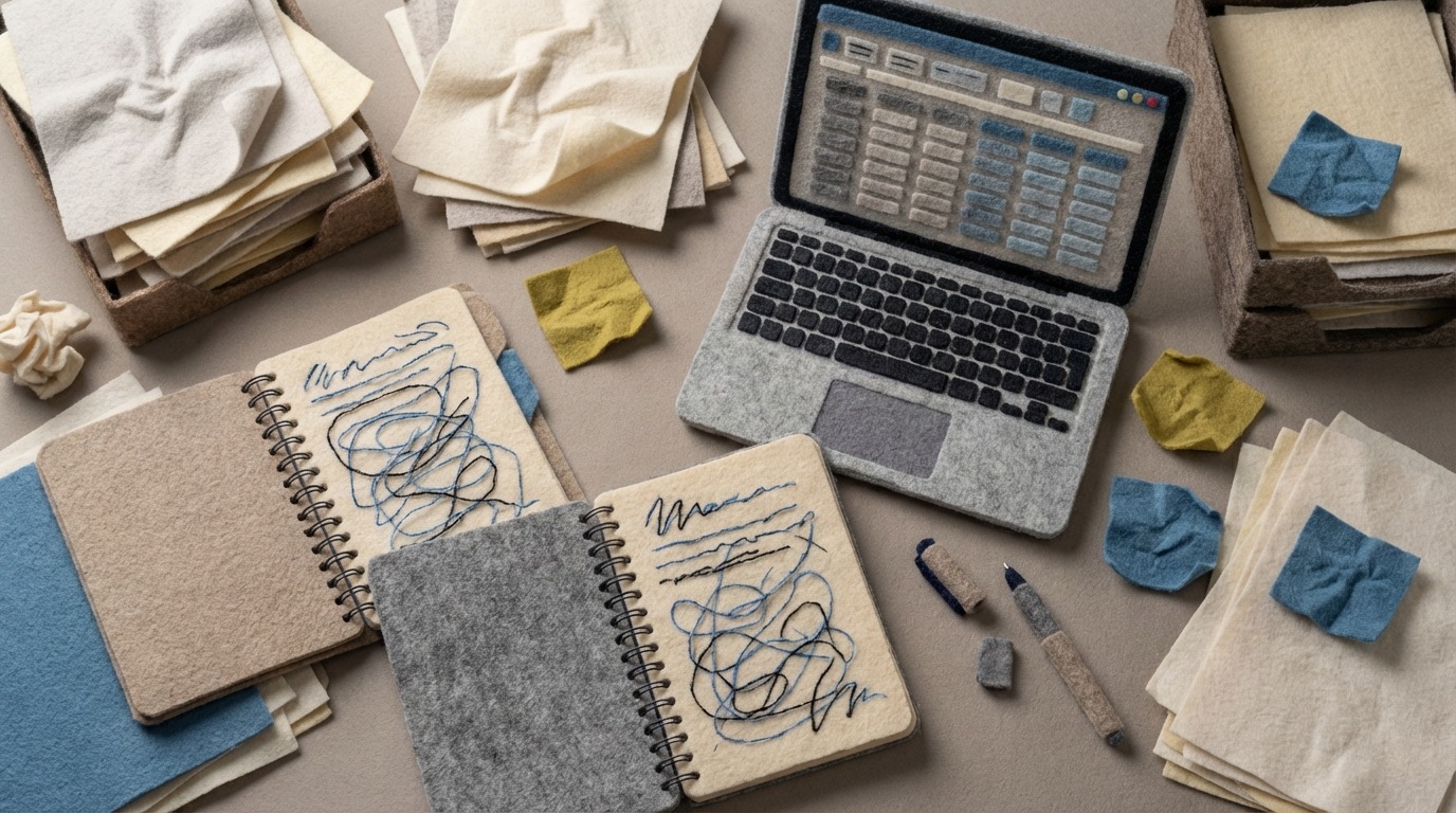 A messy desk surface cluttered with open spiral notebooks, stacks of loose papers, and several half-filled Excel spreadsheets visible on a laptop screen. Scattered around are crumpled sticky notes, a pen with its cap off, and an overflowing inbox tray. The color palette is muted, with shades of grey, beige, and dull office blues, creating a sense of overwhelm and inefficiency. Top-down view, highlighting the disarray.