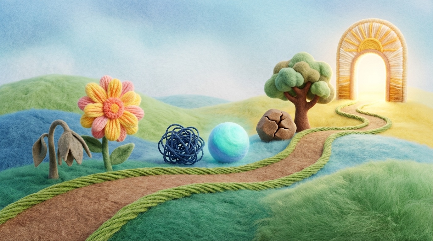 A stylized path winding through a vibrant, flourishing landscape. Along the path, several distinct, symbolic markers represent different clients, each showing a transformation from a challenging state (e.g., a wilted plant) to a thriving one (e.g., a blossoming flower). At the end of the path, a bright, inviting destination is visible. The overall mood is inspiring and hopeful, with a rich, optimistic color palette of greens, blues, and warm highlights.