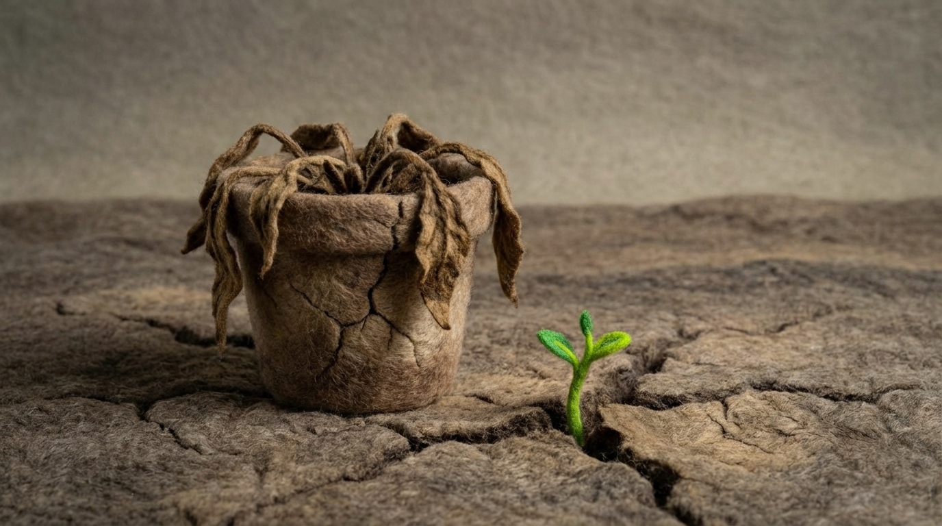 A visual metaphor for the cost of inaction: a wilting plant in a dry pot, contrasted with a small, vibrant sprout pushing through the cracked earth nearby, representing a missed opportunity for growth. The background is desolate and cracked. The mood is cautionary and regretful. The color palette is dominated by muted browns and grays, with a single spot of green for the sprout.