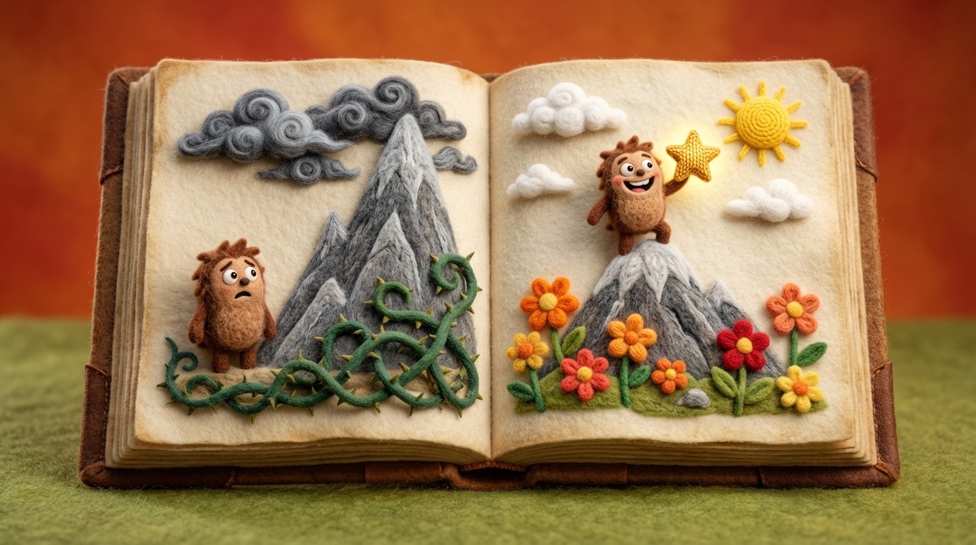 An open, antique-style storybook with beautifully illustrated scenes unfolding on its pages. One page depicts a challenge or problem, while the opposite page shows a positive resolution or triumph. The illustrations are warm and inviting, conveying narratives of overcoming obstacles and achieving success.