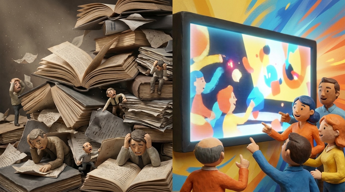 A split screen concept. On the left, a mountain of stacked, open books and documents, with tiny, overwhelmed figures trying to navigate them, some with their heads buried in papers. The scene is dull, muted in grays and browns. On the right, a vibrant, dynamic scene where a single, clear video screen displays an engaging animation. Figures are actively watching, some pointing, appearing focused and curious. The right side is bright and colorful, with warm yellows and energetic blues. A stark contrast between information overload and clear, concise delivery.