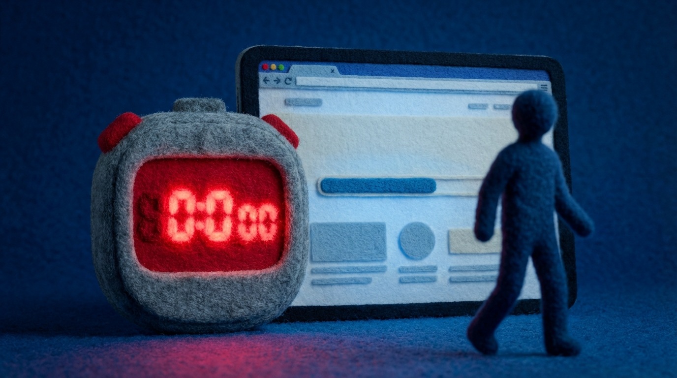 A digital stopwatch with glowing red numbers rapidly counting up, positioned next to a rapidly fading silhouette of a customer walking away from a semi-loaded webpage on a screen. The webpage is only partially rendered, with elements loading slowly. A sense of urgency and abandonment. Dark background with bright, contrasting red and blue elements. Close-up on the stopwatch and screen.