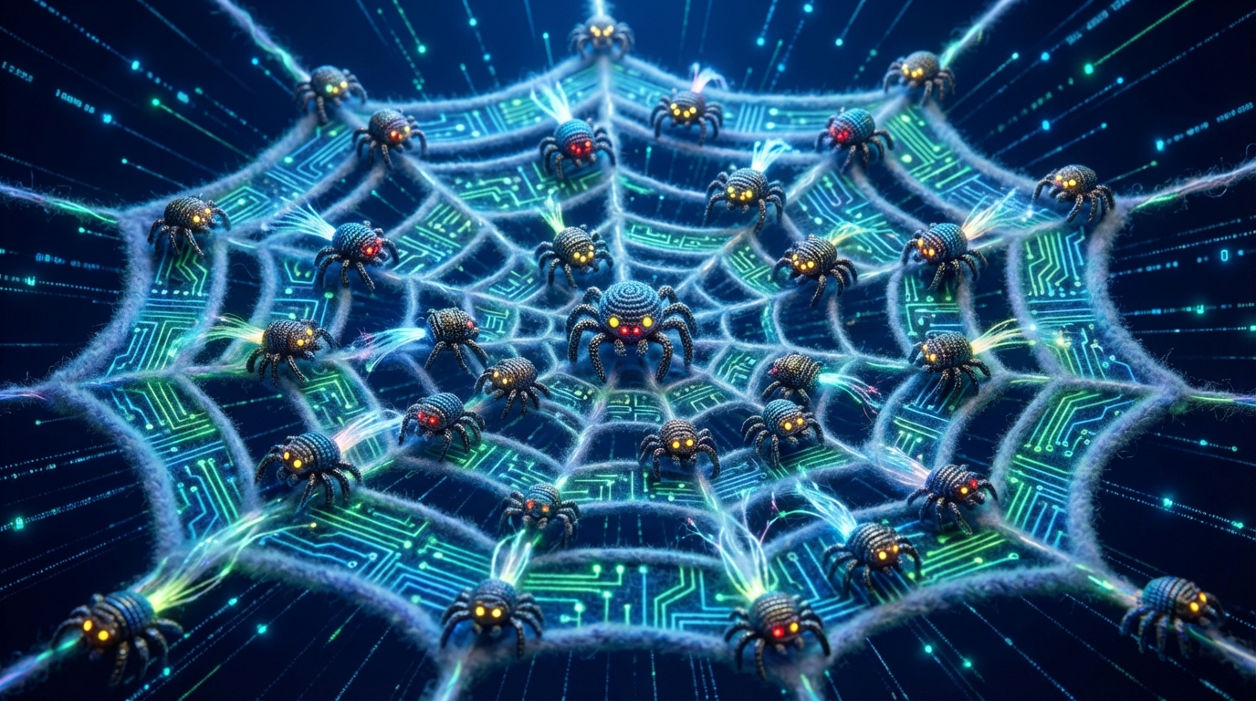 A swarm of small, stylized robot spiders with multiple glowing eyes meticulously crawling across a giant, intricate web made of interconnected web pages. Each robot leaves a faint trail of light, indicating data collection. The web extends infinitely into the digital distance. Dark, deep blue background with bright, active lines of the web and robots. Busy, continuous activity.