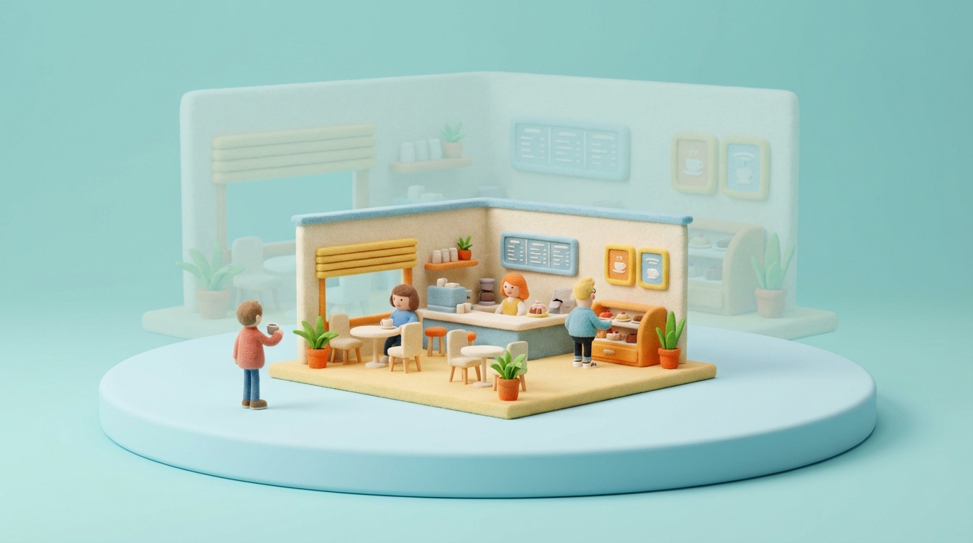 A small, miniature version of a retail store or cafe, perfectly detailed but significantly scaled down, placed on a larger, empty, abstract stage. A few abstract, simplified customer figures are interacting with this mini-store. In the background, a much larger, but still conceptual, outline of the full-sized store is faintly visible, suggesting future expansion. The mood is experimental and controlled, with a clean, light color palette and a focus on the small, detailed model, highlighting the concept of a pilot project.
