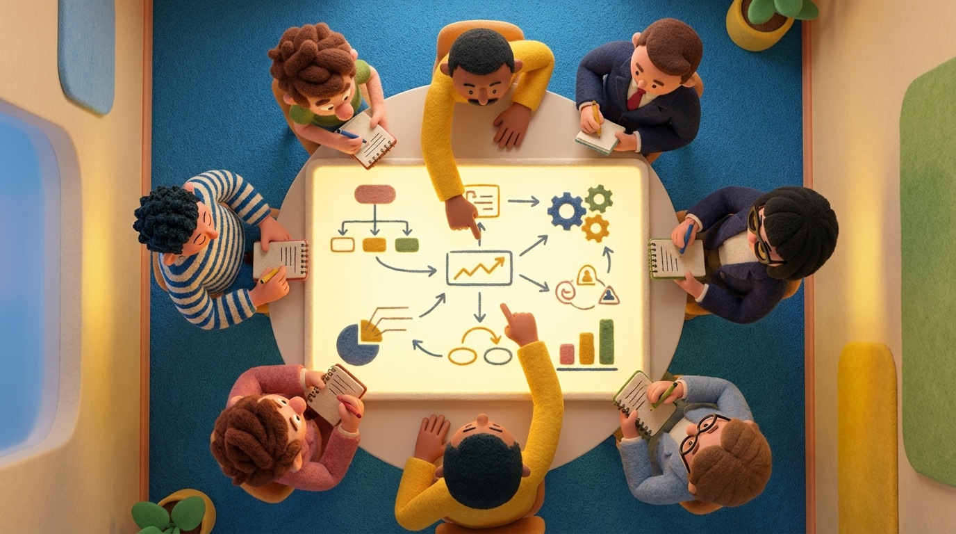 A diverse group of stylized figures, representing different businesses, standing around a large, illuminated whiteboard. One figure points to a section of the whiteboard displaying various strategies and outcomes, while others observe intently, taking notes. The scene conveys a collaborative learning environment, not adversarial. Warm and inviting color scheme with soft blues, yellows, and greens. Overhead view, showing the group gathered.