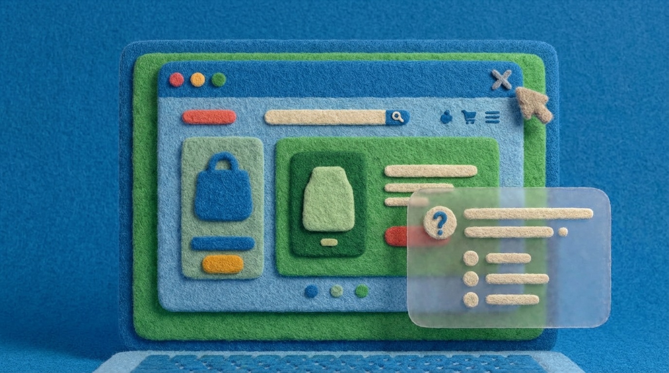 A laptop screen displaying a web page with product information. A subtle, transparent pop-up window or overlay appears at the bottom-right corner, gently asking a simple question like "What's stopping you from buying?" with a few multiple-choice options. The cursor hovers near the 'X' button of the main browser window, indicating an exit intent. The colors are modern and digital, with soft blues and greens.