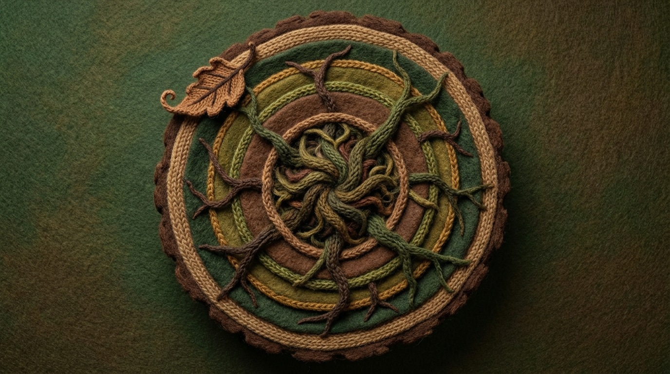 A stylized cross-section of a tree trunk, showing multiple concentric rings. At the outermost ring, a superficial problem is depicted as a withered leaf. As the rings move inward, each subsequent layer reveals a deeper, more fundamental root cause, symbolized by progressively stronger roots. The innermost core represents the ultimate, true cause. The color palette uses earthy browns and greens, with a focus on depth and interconnectedness. Top-down view.