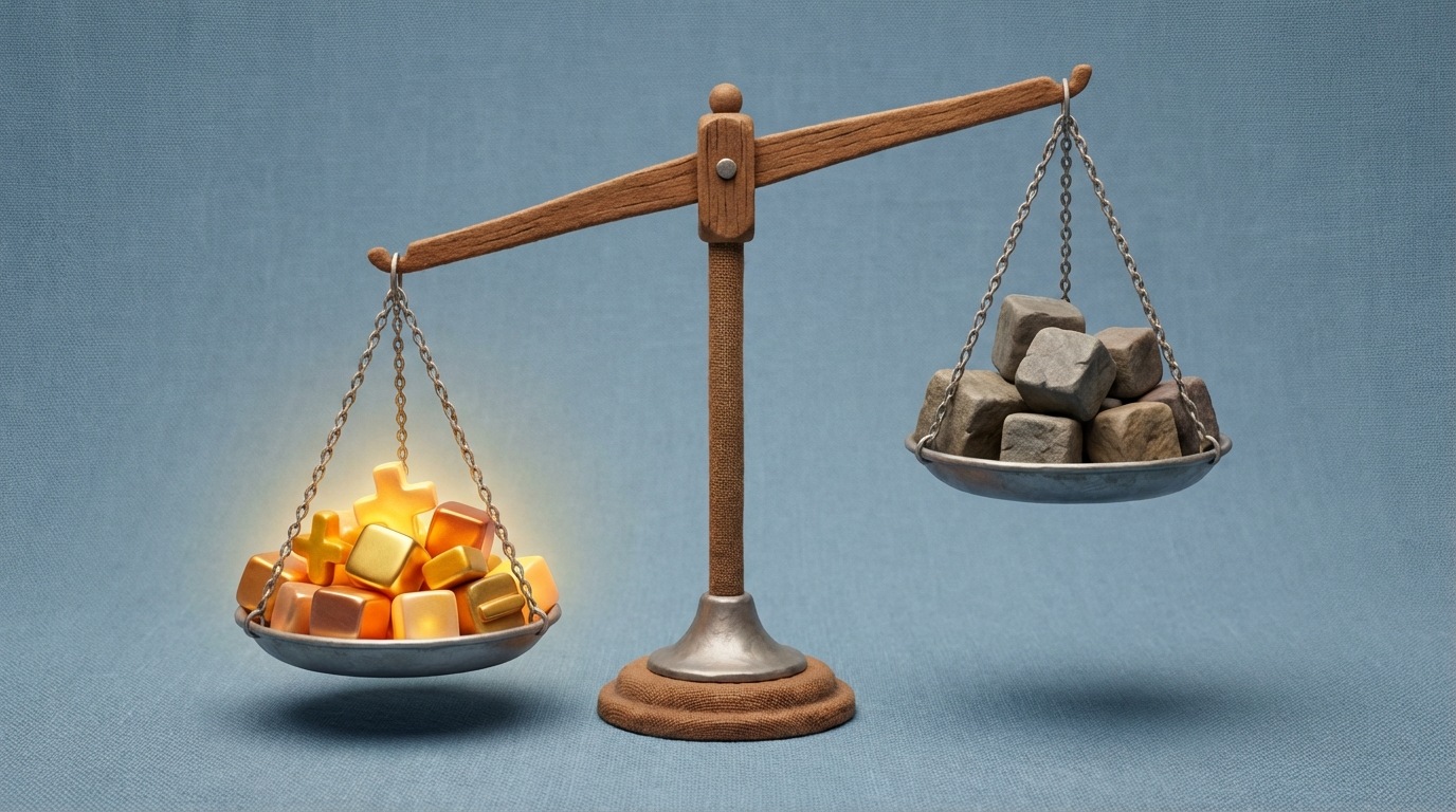 A set of old-fashioned weighing scales, finely balanced. On one side, a collection of intricately crafted, positive words like "Value," "Benefit," and "Solution" are represented by small, shining blocks, gently tipping the scale in their favor. On the other side, vague, uninspired words like "Product" and "Service" are represented by dull, heavy-looking blocks, struggling to make an impact. The background is neutral, allowing the scales and words to be the central focus. The composition visually represents how carefully chosen words can influence decision-making.