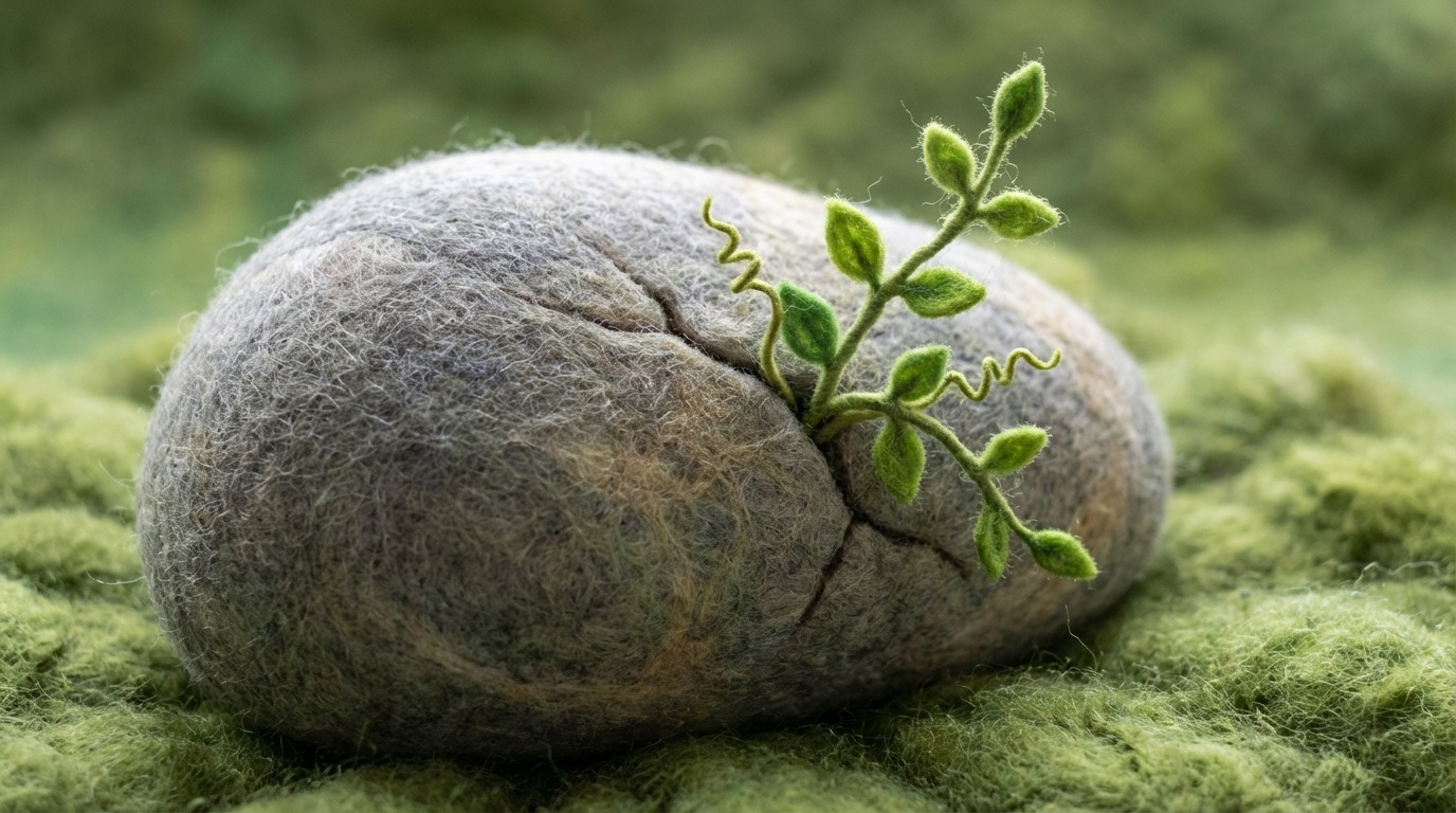 A large, smooth, polished stone with a visible, but not broken, crack running through its surface. A small, delicate vine with new leaves is growing out of this crack, symbolizing learning and growth from an acknowledged imperfection or mistake. The stone rests on a bed of soft moss. The mood is reflective and hopeful. The color palette is natural: grey for the stone, vibrant green for the vine and moss, with soft, diffused light. Close-up view, focusing on the crack and the growing vine.