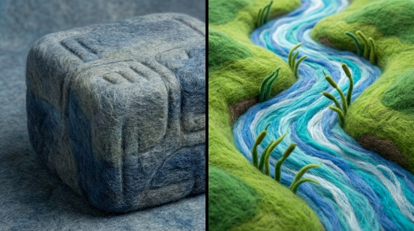 A split image, divided vertically. On the left, a heavy, unmoving stone block with shallow, worn grooves on its surface, representing a fixed mindset. The colors are muted greys and deep blues. On the right, a dynamic, flowing river carving its path through a landscape, with small, flexible reeds bending in the current, representing a growth mindset. The colors are vibrant greens and flowing blues. The river flows from top to bottom, suggesting continuous movement and adaptation. A clear contrast between rigidity and fluidity.