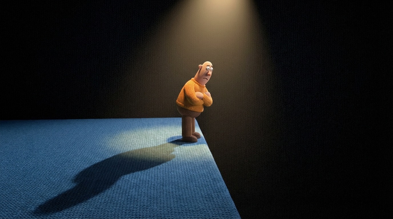 A figure stands hesitantly at the edge of a large, empty stage, casting a long shadow. The stage extends into darkness, emphasizing the unknown. The figure's posture conveys apprehension, holding back from stepping forward. The lighting is dramatic, with a single spotlight on the edge of the stage and deep shadows elsewhere.