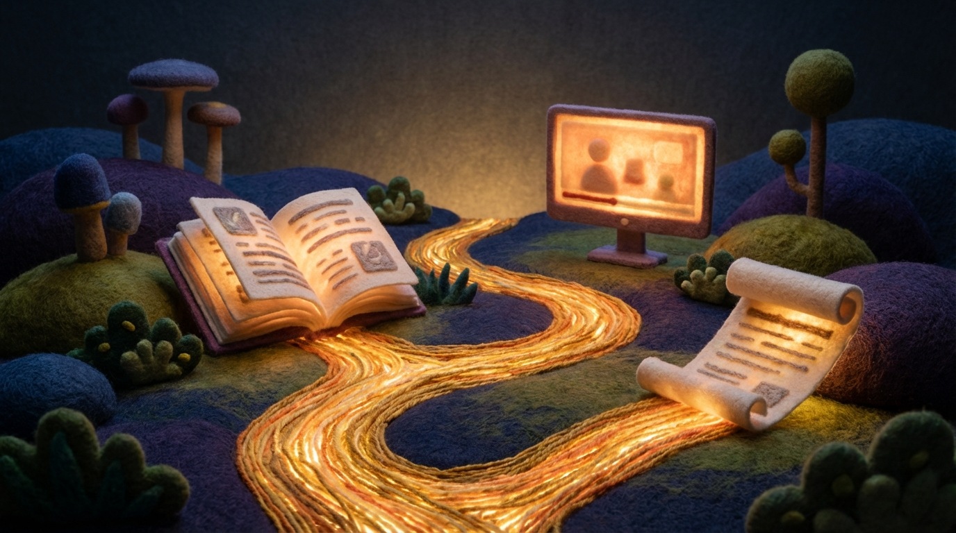 A stylized, glowing pathway leads through a dimly lit, inquisitive landscape. Along this path, various informational content pieces are subtly illuminated: an open book representing a detailed guide, a screen showing a webinar, and a scroll symbolizing a whitepaper. These elements are positioned to guide and inform, creating a sense of gradual enlightenment. The background is soft and slightly mysterious, with warm, inviting lights emanating from the content, suggesting a "warming up" process for the potential client. The overall mood is contemplative and educational.