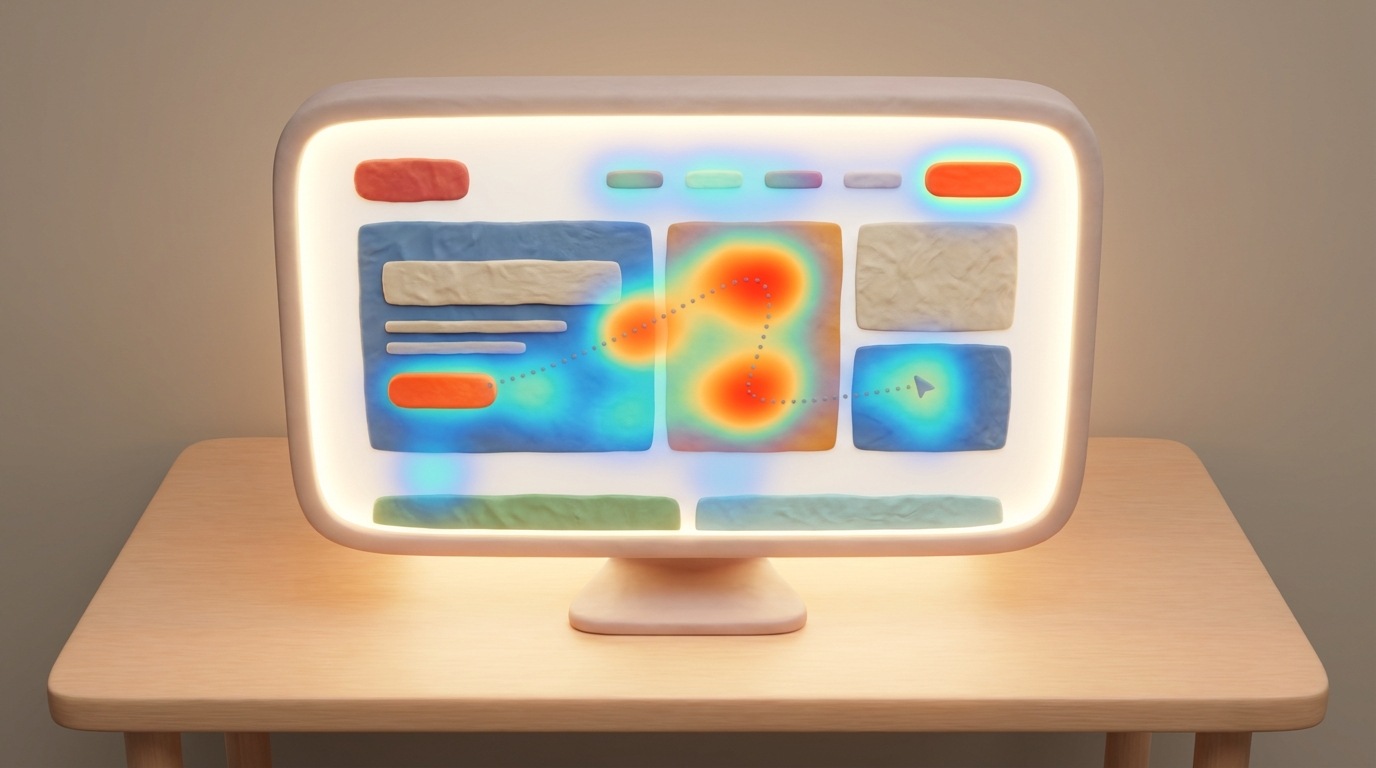 An overhead view of a computer monitor displaying a website page. Overlayed on the page is a "heatmap" visualization, showing areas of high user interaction (clicks, hovers) in bright, warm colors (red, orange), and areas of low interaction in cool, faded colors (blue, green). A faint, dotted line traces a mouse cursor's path across the screen, indicating a user's journey. The background is a clean desktop, with a subtle glow from the monitor. The composition clearly illustrates how user attention and activity are visually represented.