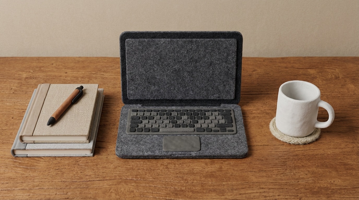 A bird's-eye view of a clean, organized desk surface. A laptop is placed centrally. To its left, a stack of two notebooks and a pen. To its right, a white mug. The overall scene is minimalist and focused. The color palette is neutral, with dominant wood tones and grayscale accents.