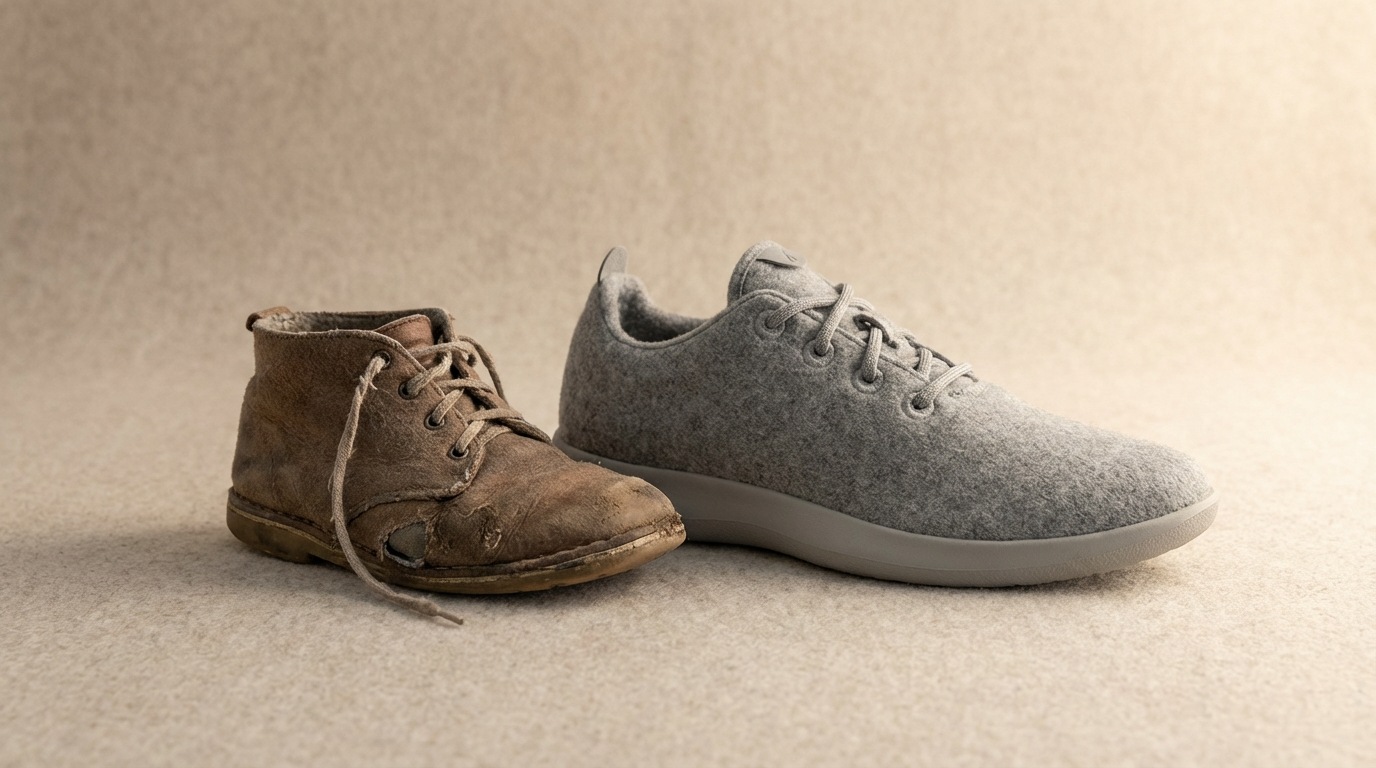 A small, slightly oversized shoe sitting next to a much larger, empty shoe. The smaller shoe appears well-worn and familiar, while the larger one is sleek and modern, suggesting growth and evolution. The background is a minimalist, plain surface, emphasizing the two shoes. A soft, warm light illuminates the scene, creating a sense of transition and quiet change.