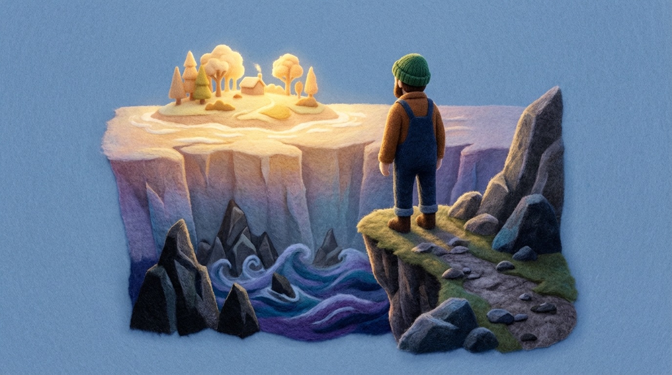 A person, seen from behind, stands confidently at the edge of a jagged cliff, looking across a wide, seemingly shallow chasm towards a distant, brightly lit island of success. The island is bathed in warm, hopeful light. However, beneath the surface of the chasm, unseen by the person, are jagged, dark rocks and deep, turbulent waters, hinting at hidden dangers. The path leading to the cliff edge is narrow and slightly precarious. The lighting is optimistic on the island, but the chasm area is subtly shadowed, creating a sense of underlying peril. A warm, hopeful color palette for the distant success, with underlying cool, ominous tones in the chasm.